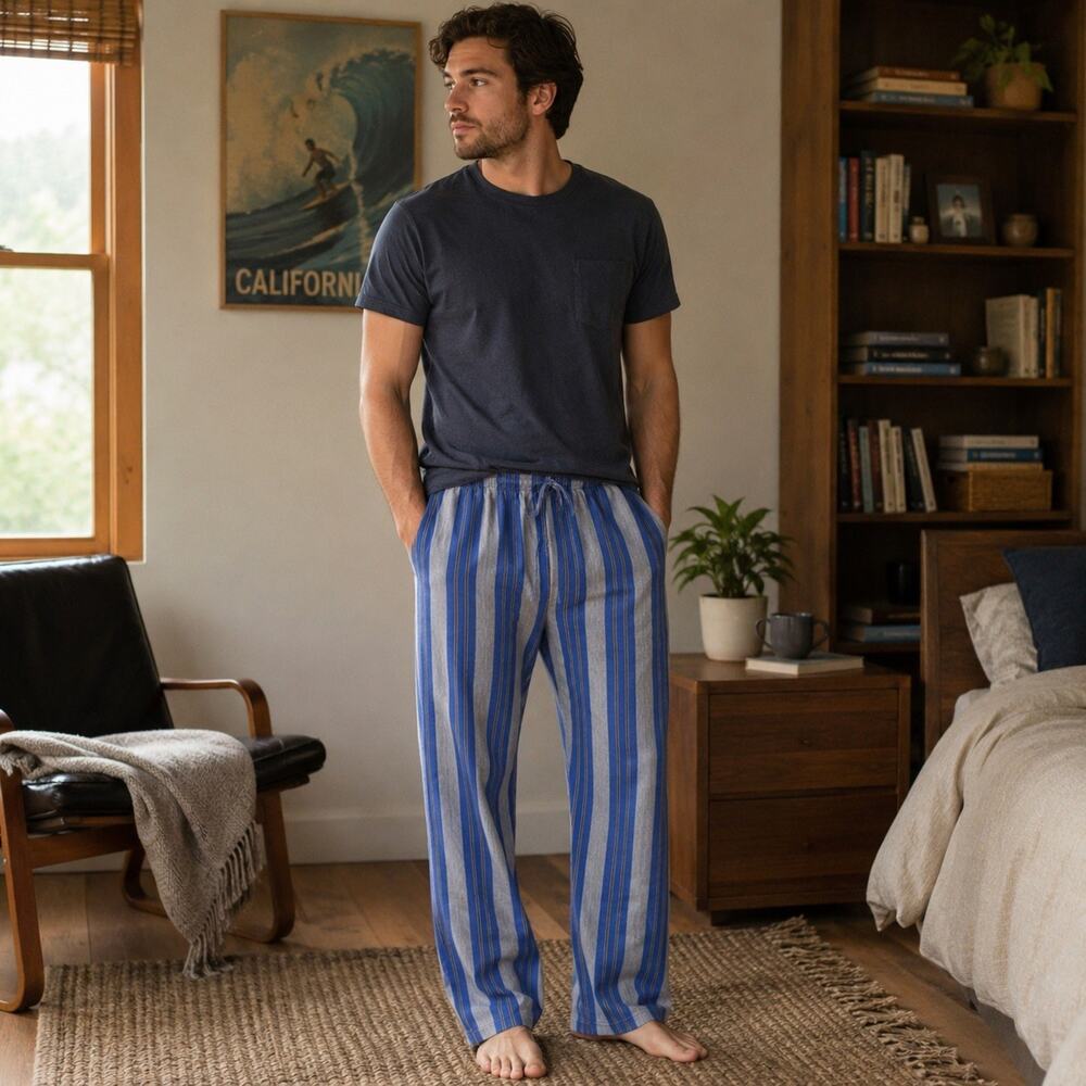 Pierre Cardin Men’s XL Lounge Pants Blue Stripe Cotton Drawstring Pajama
